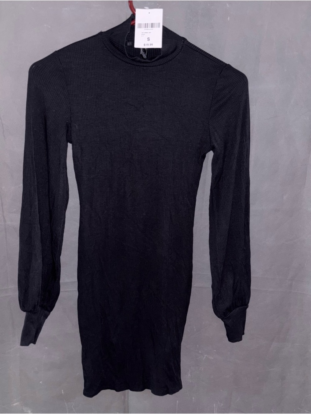 Forever 21 Solid Black Rayon Rib-Knit Mock Neck Cuffed Long Sleeve Mini Dress S